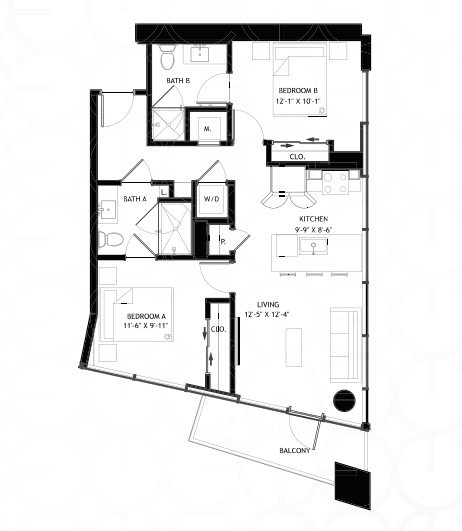 Floor plan for 2 beds, 2 baths, 859 sqft
