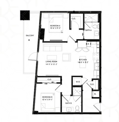 Floor plan for 2 beds, 2 baths, 862 sqft