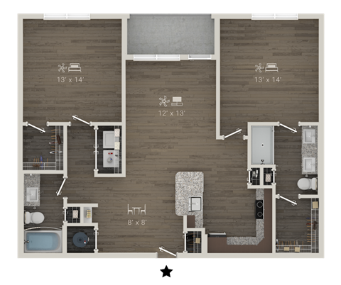 Floor plan for 2 beds, 2 baths, 1230 sqft