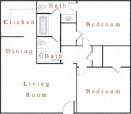 Floor plan for 2 beds, 1.5 baths, 840 sqft