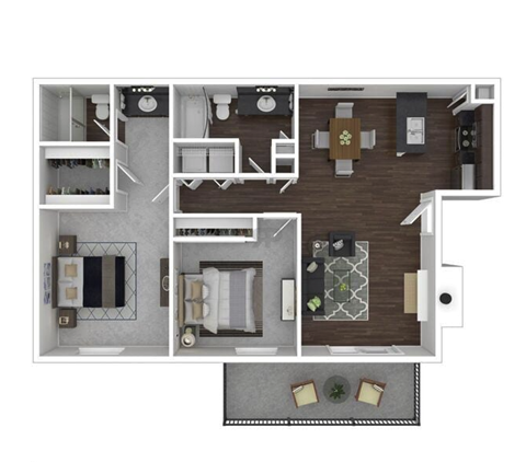 Floor plan for 2 beds, 2 baths, 1044 sqft