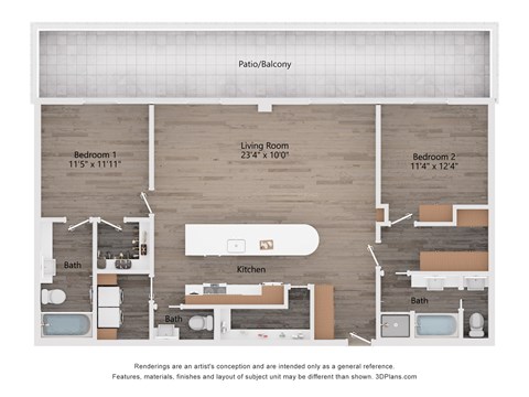 Floor plan for 2 beds, 2 baths, 1400 sqft
