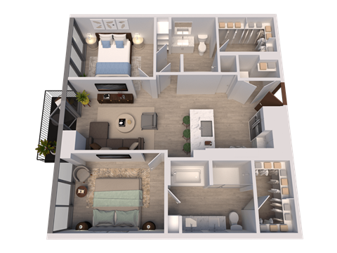 Floor plan for 2 beds, 2 baths, 965 sqft