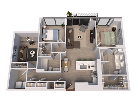Floor plan for 2 beds, 2 baths, 1370 sqft