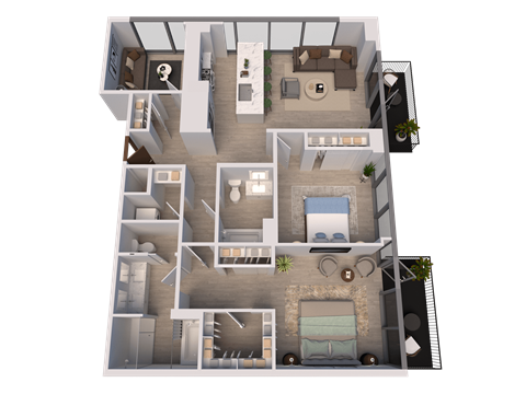 Floor plan for 2 beds, 2 baths, 1356 sqft