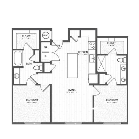 Floor plan for 2 beds, 2 baths, 1128 sqft