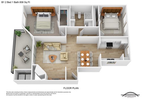 Floor plan for 2 beds, 1 bath, 858 sqft