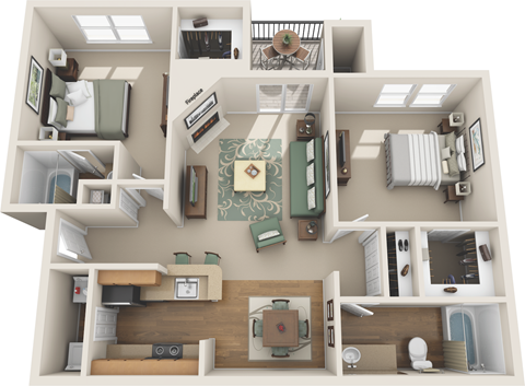 Floor plan for 2 beds, 2 baths, 934 sqft