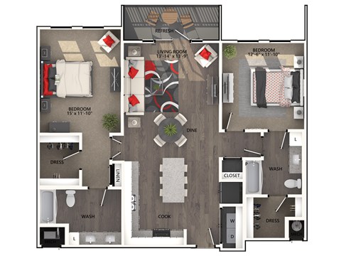 Floor plan for 2 beds, 2 baths, 1220 sqft