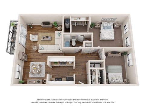 Floor plan for 2 beds, 1 bath, 985 sqft