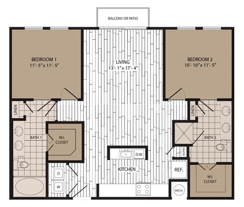 Floor plan for 2 beds, 2 baths, 1098 sqft