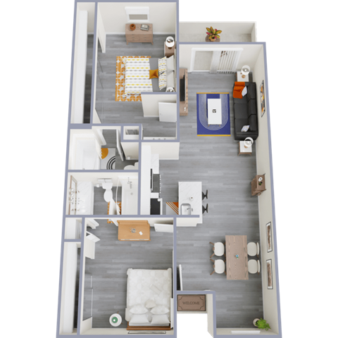 Floor plan for 2 beds, 2 baths, 962 sqft