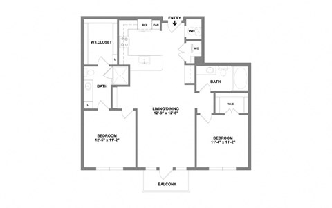Floor plan for 2 beds, 2 baths, 1093 sqft