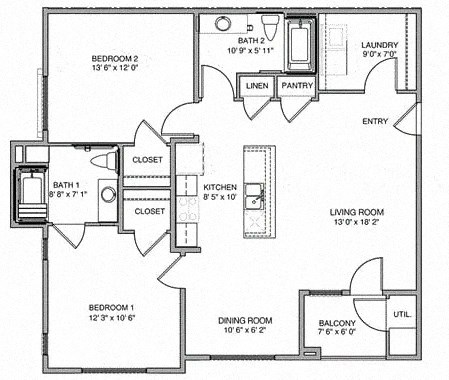 Floor plan for 2 beds, 2 baths, 1180 sqft