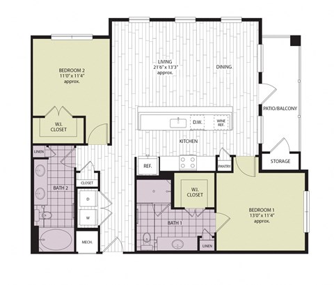 Floor plan for 2 beds, 2 baths, 1195 sqft