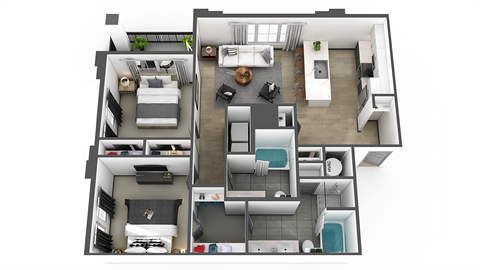 Floor plan for 2 beds, 2 baths, 1132 sqft