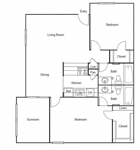 Floor plan for 2 beds, 2 baths, 991 sqft