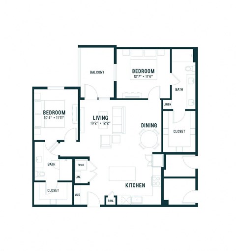 Floor plan for 2 beds, 2 baths, 1151 sqft