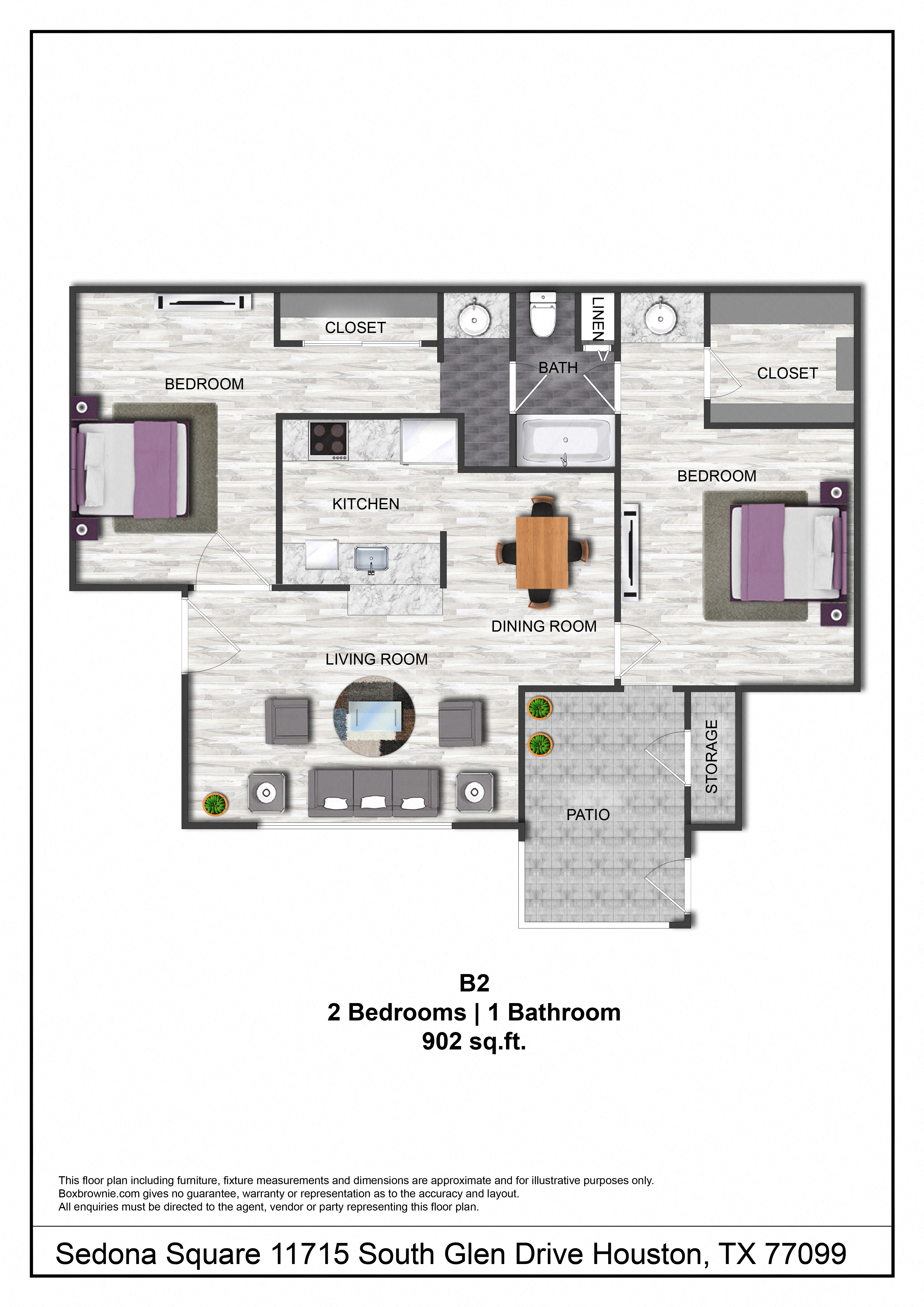 Floor plan for 2 beds, 1 bath, 902 sqft