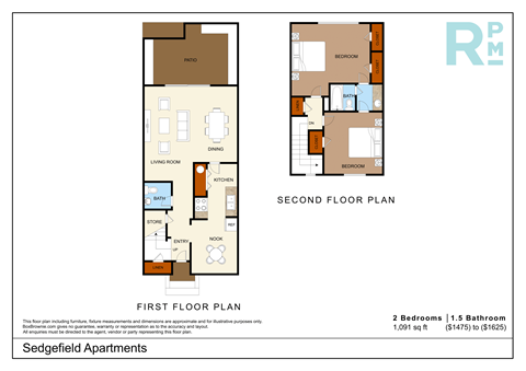 Floor plan for 2 beds, 1.5 baths, 1091 sqft