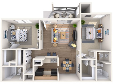 Floor plan for 2 beds, 2 baths, 975 sqft