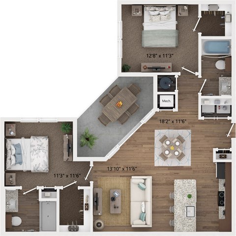 Floor plan for 2 beds, 2 baths, 980 sqft