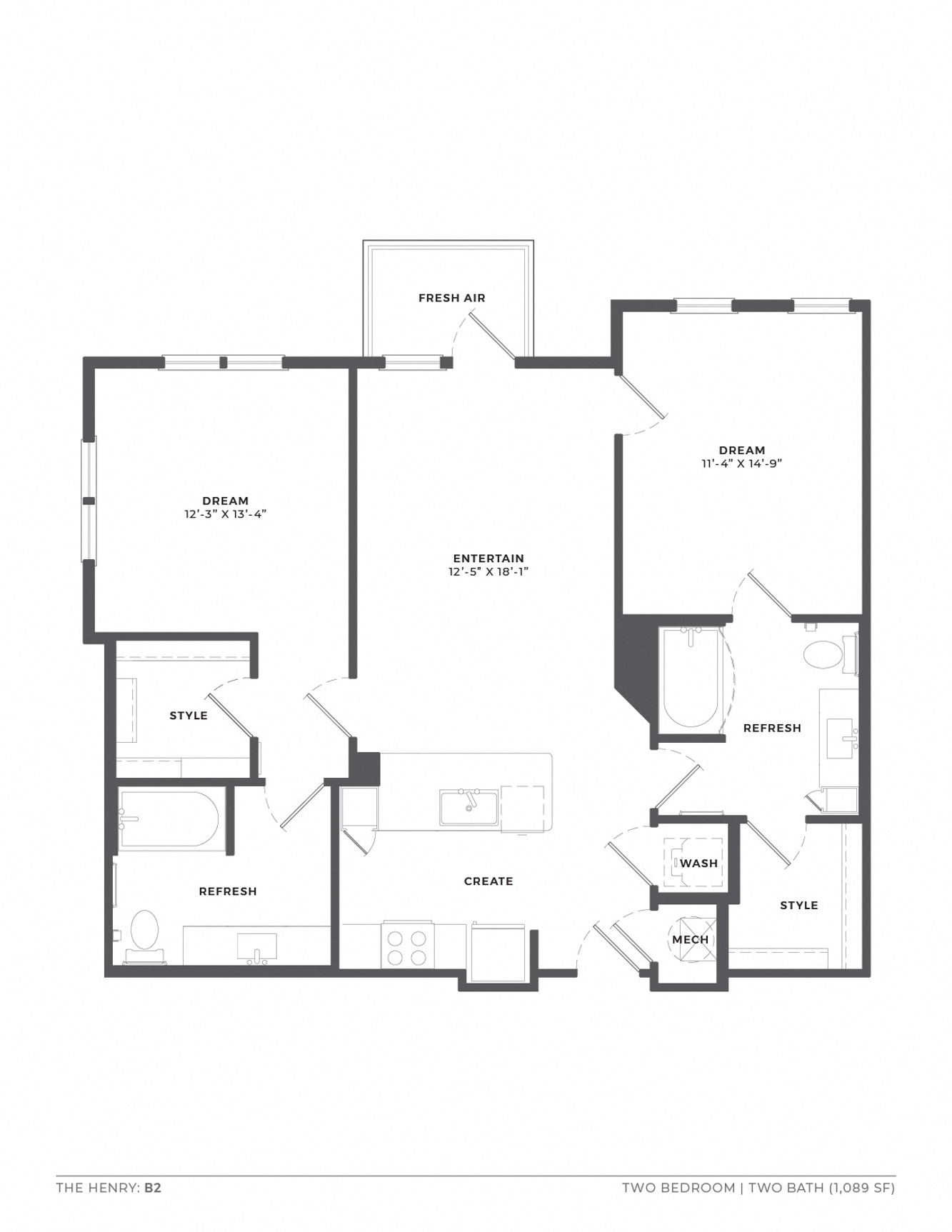 Floor plan for 2 beds, 2 baths, 1089 sqft
