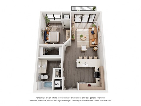 Floor plan for 1 bed, 1 bath, 726 sqft