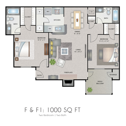 Floor plan for 2 beds, 2 baths, 1000 sqft