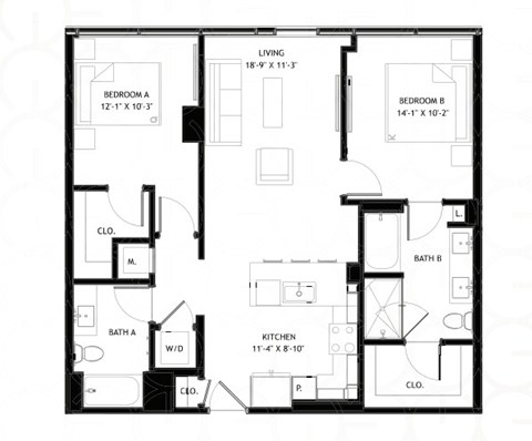 Floor plan for 2 beds, 2 baths, 1021 sqft