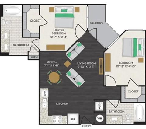 Floor plan for 2 beds, 2 baths, 997 sqft