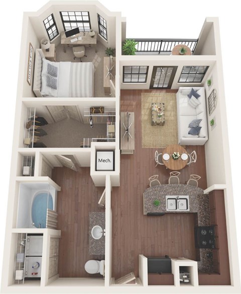 Floor plan for 1 bed, 1 bath, 719 sqft