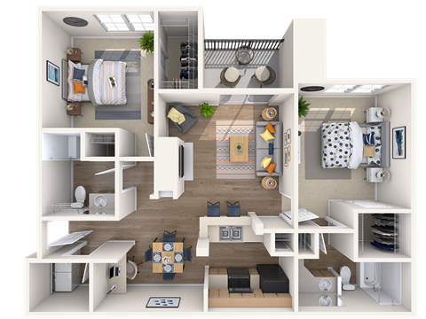Floor plan for 2 beds, 2 baths, 1057 sqft