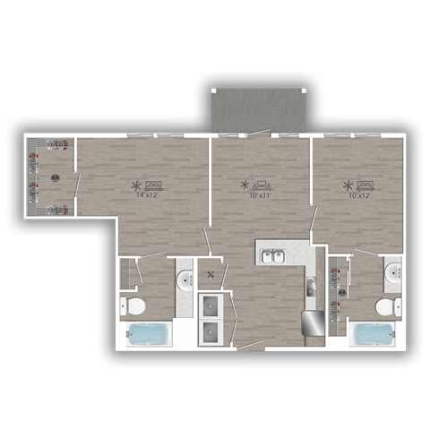 Floor plan for 2 beds, 2 baths, 860 sqft