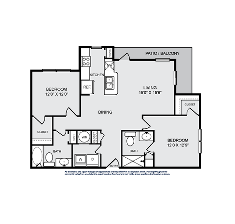 Floor plan for 2 beds, 2 baths, 1218 sqft
