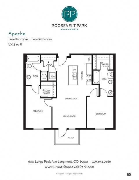 Floor plan for 2 beds, 2 baths, 1023 sqft