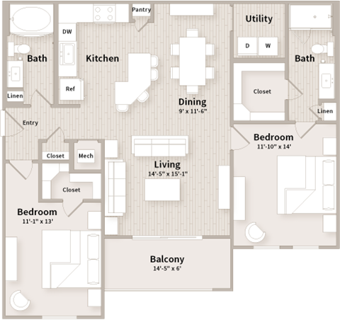 Floor plan for 2 beds, 2 baths, 1167 sqft