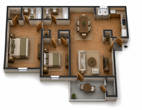 Floor plan for 2 beds, 2 baths, 1027 sqft