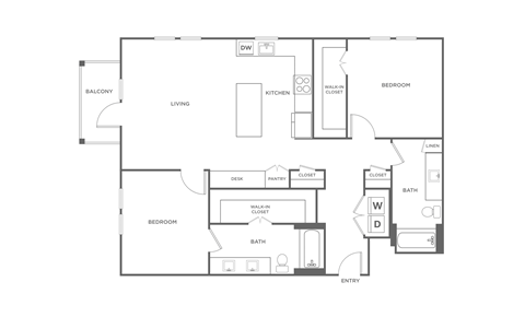 Floor plan for 2 beds, 2 baths, 1283 sqft