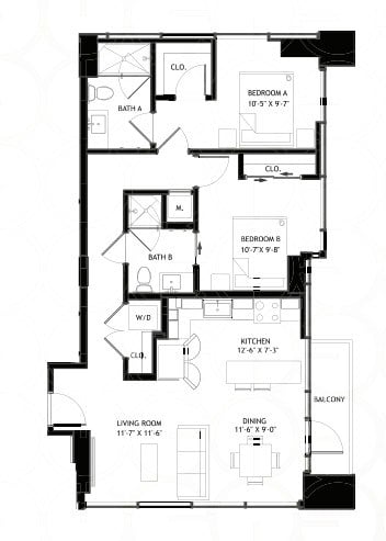 Floor plan for 2 beds, 2 baths, 978 sqft