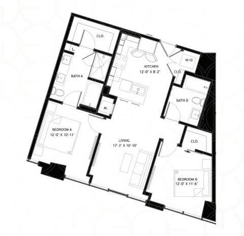 Floor plan for 2 beds, 2 baths, 960 sqft