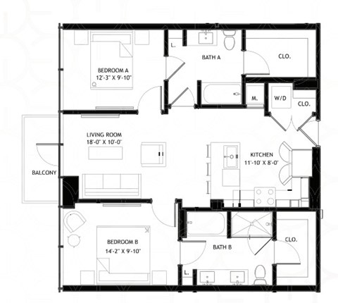 Floor plan for 2 beds, 2 baths, 965 sqft