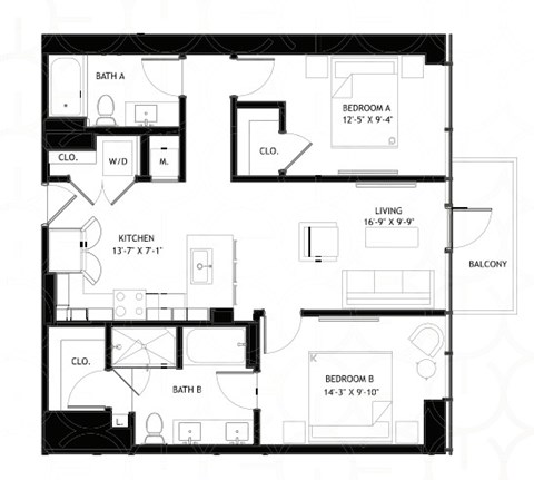 Floor plan for 2 beds, 2 baths, 954 sqft