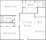 Floor plan for 2 beds, 2 baths, 945 sqft