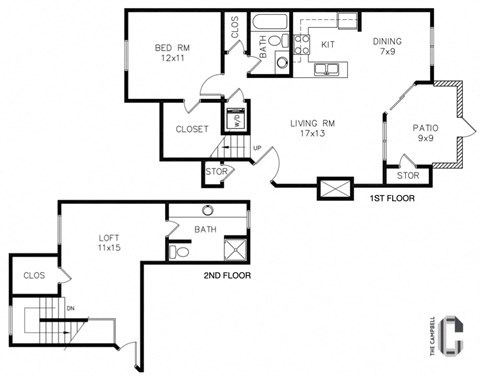 Floor plan for 2 beds, 2 baths, 1033 sqft