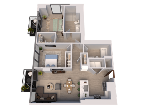 Floor plan for 2 beds, 2 baths, 1067 sqft