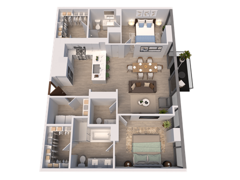Floor plan for 2 beds, 2 baths, 1277 sqft