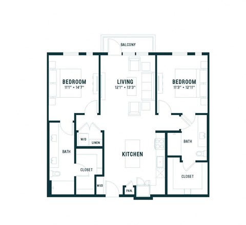 Floor plan for 2 beds, 2 baths, 1154 sqft