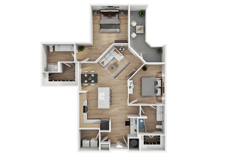 Floor plan for 2 beds, 2 baths, 1233 sqft
