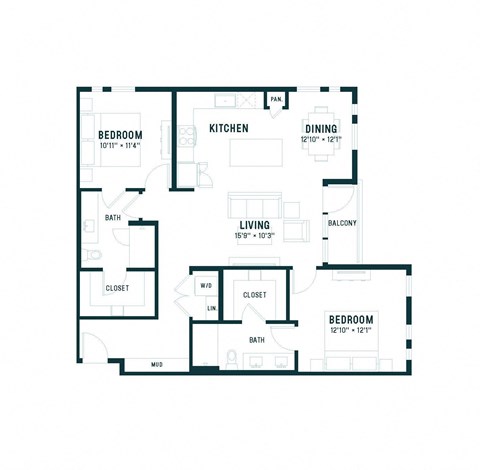 Floor plan for 2 beds, 2 baths, 1155 sqft
